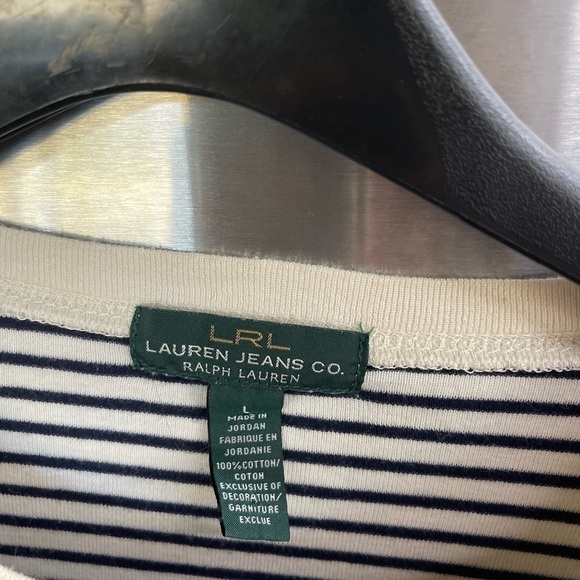 Vintage RALPH LAUREN women’s Sz L shirt striped white w/suede LEATHER patch - Picture 4 of 15